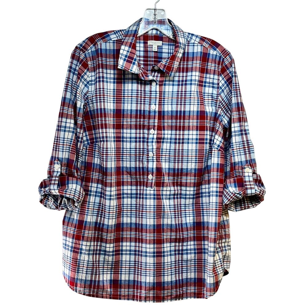 Talbots Woman 1X Tunic Top Shirt Red White Blue Cotton Plaid Roll Tab Sleeves